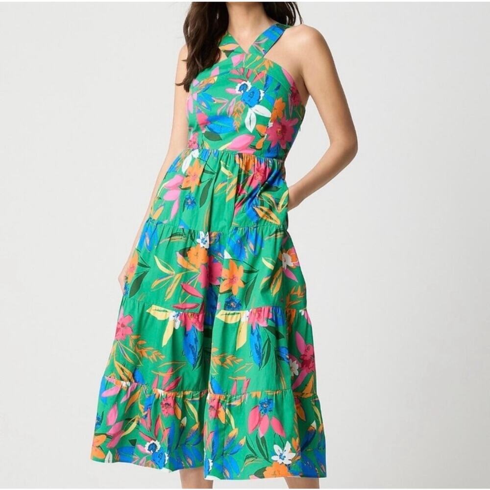 J.Crew Tropical Floral Halter Midi Dress Smocked Back Pockets Green summer  4